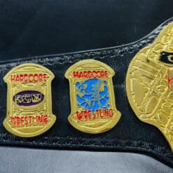 Close-up of the ECW Championship Belt’s side plates, capturing intricate details and customization options.