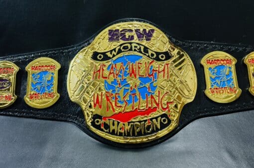 ECW Championship Belt replica with 4mm deep-etched plates and a brilliant gold finish.