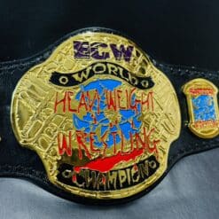 ECW Championship Belt replica with a hand-tooled, genuine leather strap, 52 inches in length.