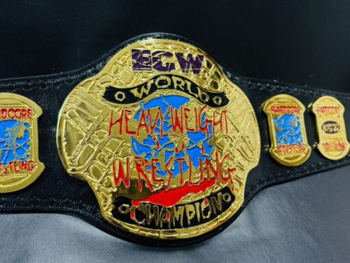 ECW Championship Belt replica with a hand-tooled, genuine leather strap, 52 inches in length.