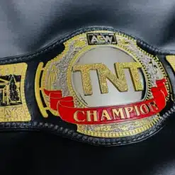 Close-up of the AEW TNT Wrestling Belt showing intricate engravings and gold-plated centerpiece.