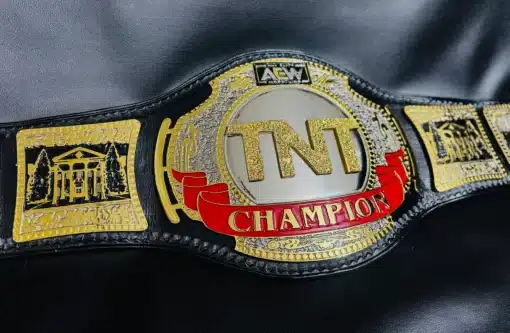 Close-up of the AEW TNT Wrestling Belt showing intricate engravings and gold-plated centerpiece.