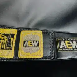 Detailed view of the AEW TNT Championship Belt side plates featuring AEW logos and bold engravings.