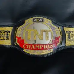 AEW TNT Championship Belt replica with gold-plated plates and black leather strap.