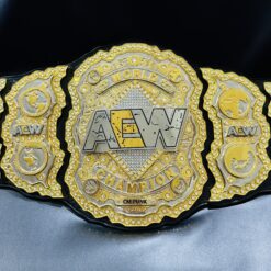 Front view of the AEW World Championship Replica Belt with dual stacked plates and gold plating.