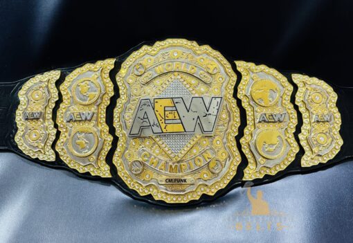 Front view of the AEW World Championship Replica Belt with dual stacked plates and gold plating.