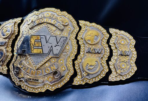 Genuine cowhide leather strap with AEW logo stamp on the AEW World Championship Replica Belt.
