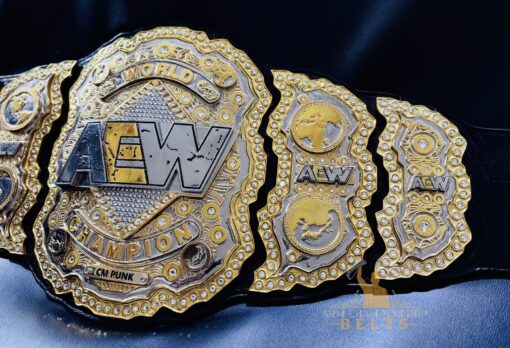 Genuine cowhide leather strap with AEW logo stamp on the AEW World Championship Replica Belt.