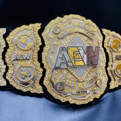 Close-up of the AEW World Championship Replica Belt featuring a custom removable nameplate.
