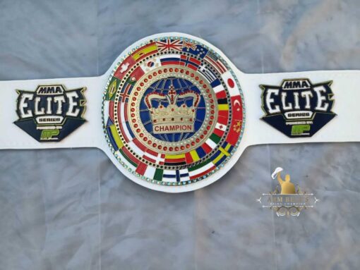 MMA Elite Series Championship Belt with gold-plated etched plates, genuine leather strap, and international flag design – fully customizable for tournaments and fight awards.