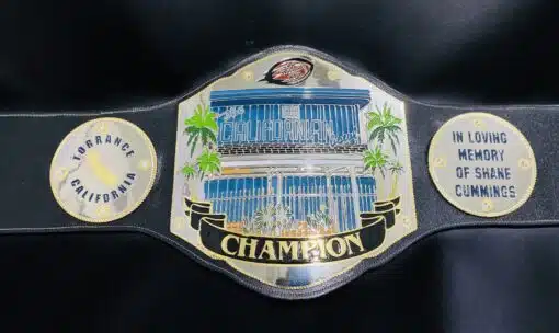 Custom Fantasy Football Title Belt with high-quality engraving plates, personalized with league logos and champion names.
