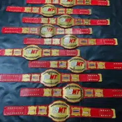 Front view of the Rising Stars Muay Thai Championship Belts featuring a red leather strap and gold-plated plates.