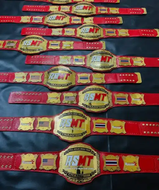 Close-up of the customizable gold-plated plates on the Rising Stars Muay Thai Championship Belt.