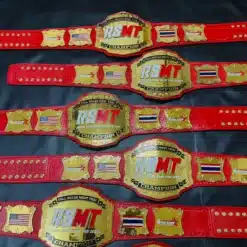 Red and gold Muay Thai Championship Belt designed for tournament champions