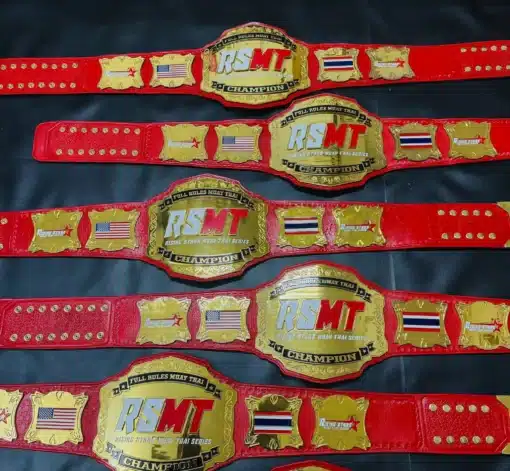 Red and gold Muay Thai Championship Belt designed for tournament champions