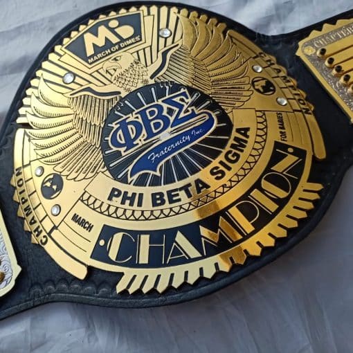 Custom Phi Beta Sigma championship belt front view with gold plated center plate and Champion engraving