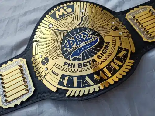 Custom award championship belt side plates showing Chapters and Winning Chapter engraved plates