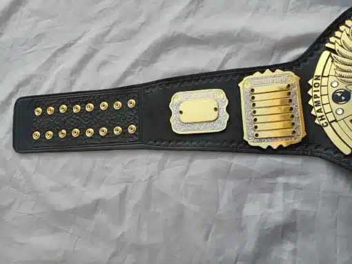 Custom fraternity championship belt with black leather strap and premium gold plates