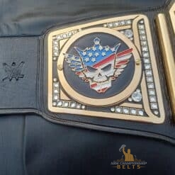 Close-up of Cody Rhodes American Nightmare replica side plates on the Undisputed WWE Universal Championship Belt.