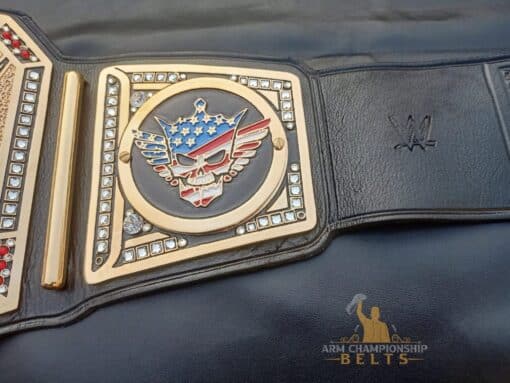 Close-up of Cody Rhodes American Nightmare replica side plates on the Undisputed WWE Universal Championship Belt