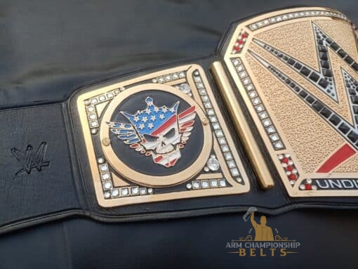 Custom side plates on the Cody Rhodes WWE Universal Championship Belt, personalized for your brand or design.