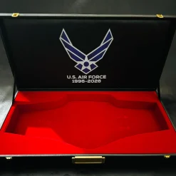 Luxury championship belt display case with custom logo printing and red velvet interior, holding a custom U.S. Air Force championship belt for secure protection and premium presentation.