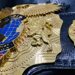 Custom wrestling belt designed for pro wrestlers, featuring deep-engraved plates and personalized logos for ultimate recognition.