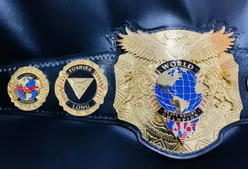 Custom wrestling championship belt, crafted for professional wrestling events with engraved plates and premium materials.