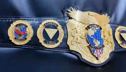 Fully customizable pro wrestling belt featuring engraved side plates and a genuine leather strap, perfect for wrestling champions.