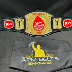 Complete view of the custom boxing championship belt with a shiny gold and chrome finish.