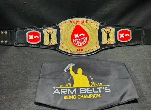 Complete view of the custom boxing championship belt with a shiny gold and chrome finish.