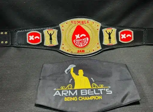 Complete view of the custom boxing championship belt with a shiny gold and chrome finish.