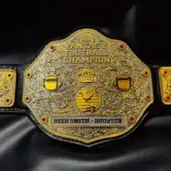 FFL Championship Belt with gold engraved plates, football icons, and a sleek black leather strap.