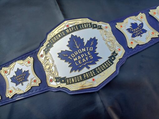 Exact replica of the Toronto Maple Leafs championship belt, showcasing chrome-plated metal plates and intricate design for die-hard hockey enthusiasts.