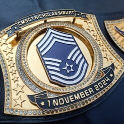 MSGT military championship belt with custom military logo and engraved plates for official recognition.