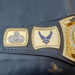 Military honor championship belt designed for CMSGT retirements, with customizable banners and side plates.