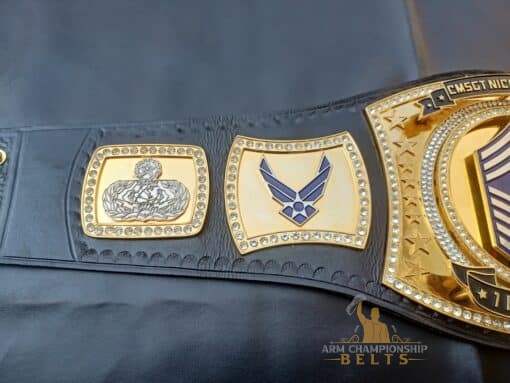 Military honor championship belt designed for CMSGT retirements, with customizable banners and side plates.