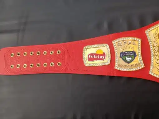 Fully customizable fantasy football award belt with league logos, team names, and event details.