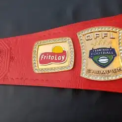 Fantasy football championship belt with a bold red genuine leather strap and gold-plated spinner plate.