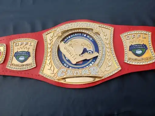 Custom fantasy football belt designed for the Orlando Fantasy Football League with sponsor logos.