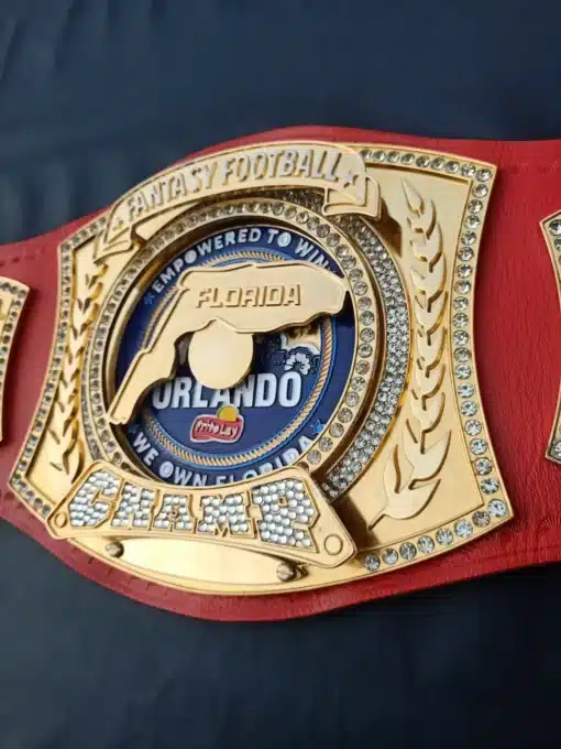 Fantasy league trophy belt with premium craftsmanship, genuine leather strap, and personalized engraving.