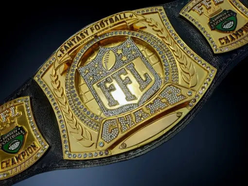 Custom Fantasy Football Championship Belt with 5mm thick HD engraving plates, personalized with league logos and names.