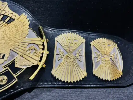 Side view of the winged eagle wrestling belt highlighting the HD Enraved plates.