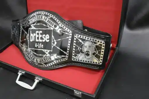 Unique championship belt designed for wedding ceremonies with customizable side plates and engravings