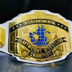 white Intercontinental wrestling title belt with engraved logos and high-definition gold plating.