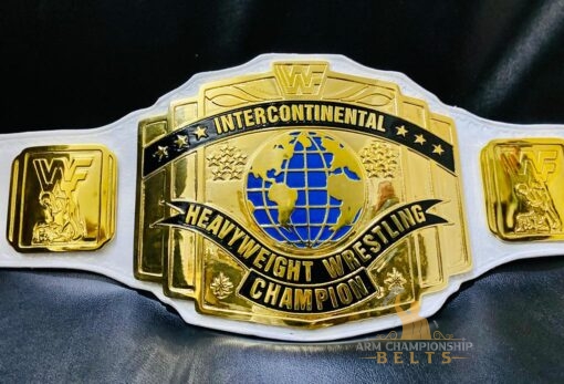 white Intercontinental wrestling title belt with engraved logos and high-definition gold plating.