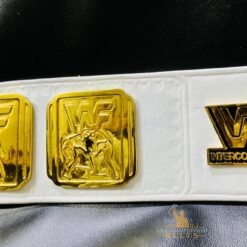 White leather WWE Intercontinental Championship belt with gold plates and embossed logo for collectors