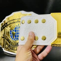 Limited edition white Intercontinental wrestling belt with detailed side plates and 4mm zinc etching