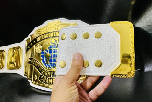 Limited edition white Intercontinental wrestling belt with detailed side plates and 4mm zinc etching