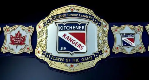 ully customizable Kitchener Rangers Replica Belt with engraved plates and leather strap.